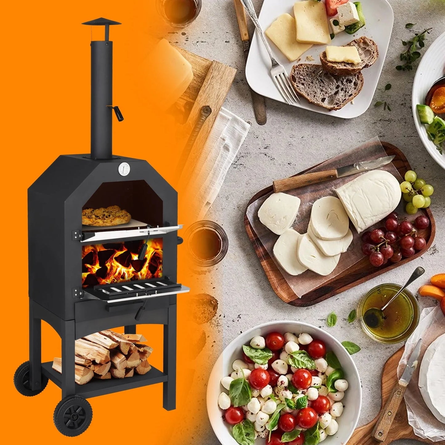 SalonMore Outdoor Pizza Oven 14'' Wood Burning Patio Pizza Maker Removable w/Pizza Stone, Pizza Peel, Grill Rack