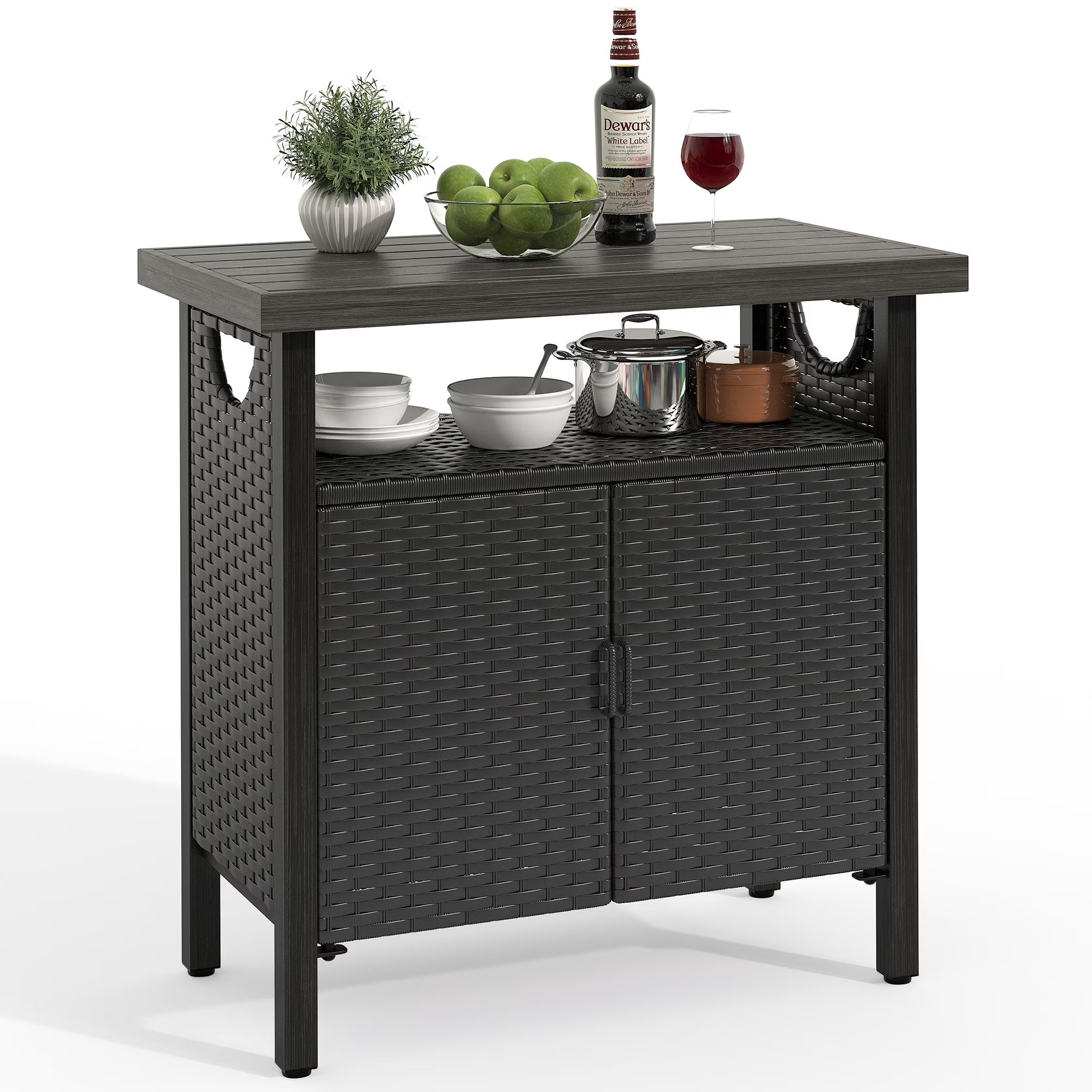 DWVO Outdoor Garden Patio Wicker Storage Cabinet with with 2 Doors and Shelves, Wicker Bar Table, Rattan Counter Table,Deck Box - Brown