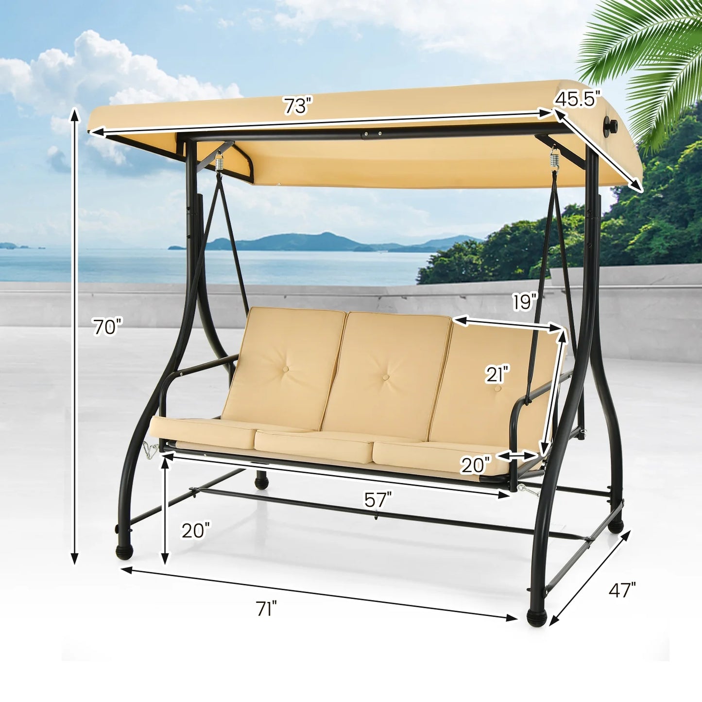 Costway Converting Outdoor Swing Canopy Hammock 3 Seats Patio Deck Furniture beige