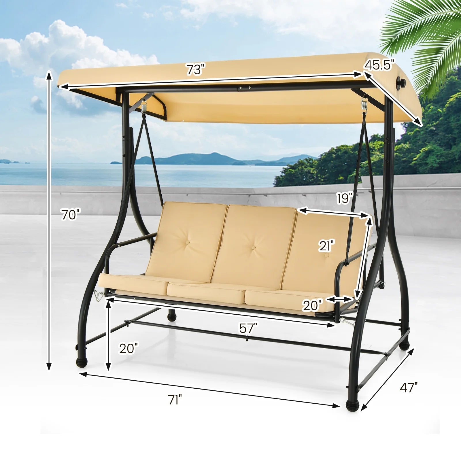 Costway Converting Outdoor Swing Canopy Hammock 3 Seats Patio Deck Furniture beige