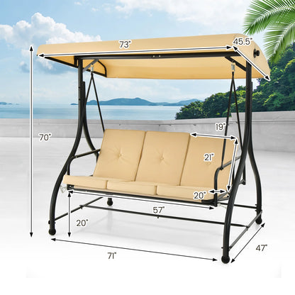 Costway Converting Outdoor Swing Canopy Hammock 3 Seats Patio Deck Furniture beige