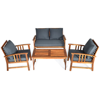 4 PCS Wooden Patio Furniture Set Outdoor Seating Chat Set Grey