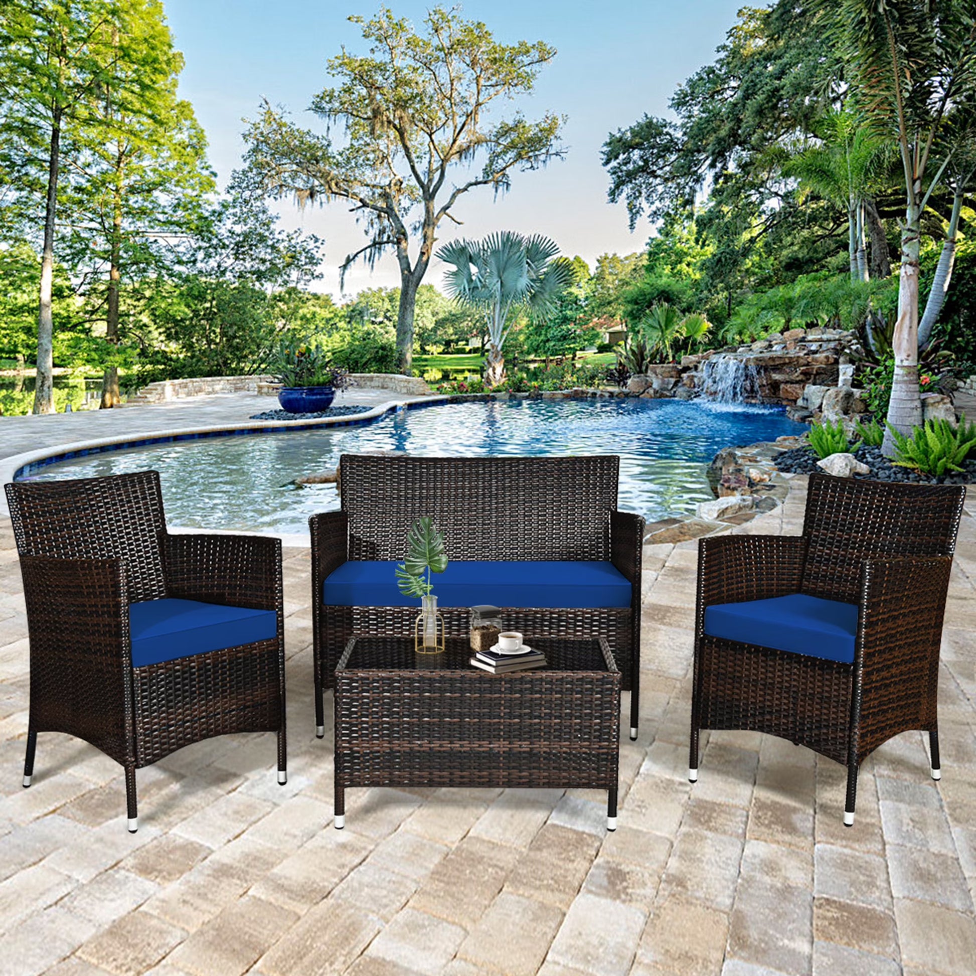 Gymax 4PCS Patio Rattan Outdoor Furniture Set w/Cushioned Chair Loveseat Table