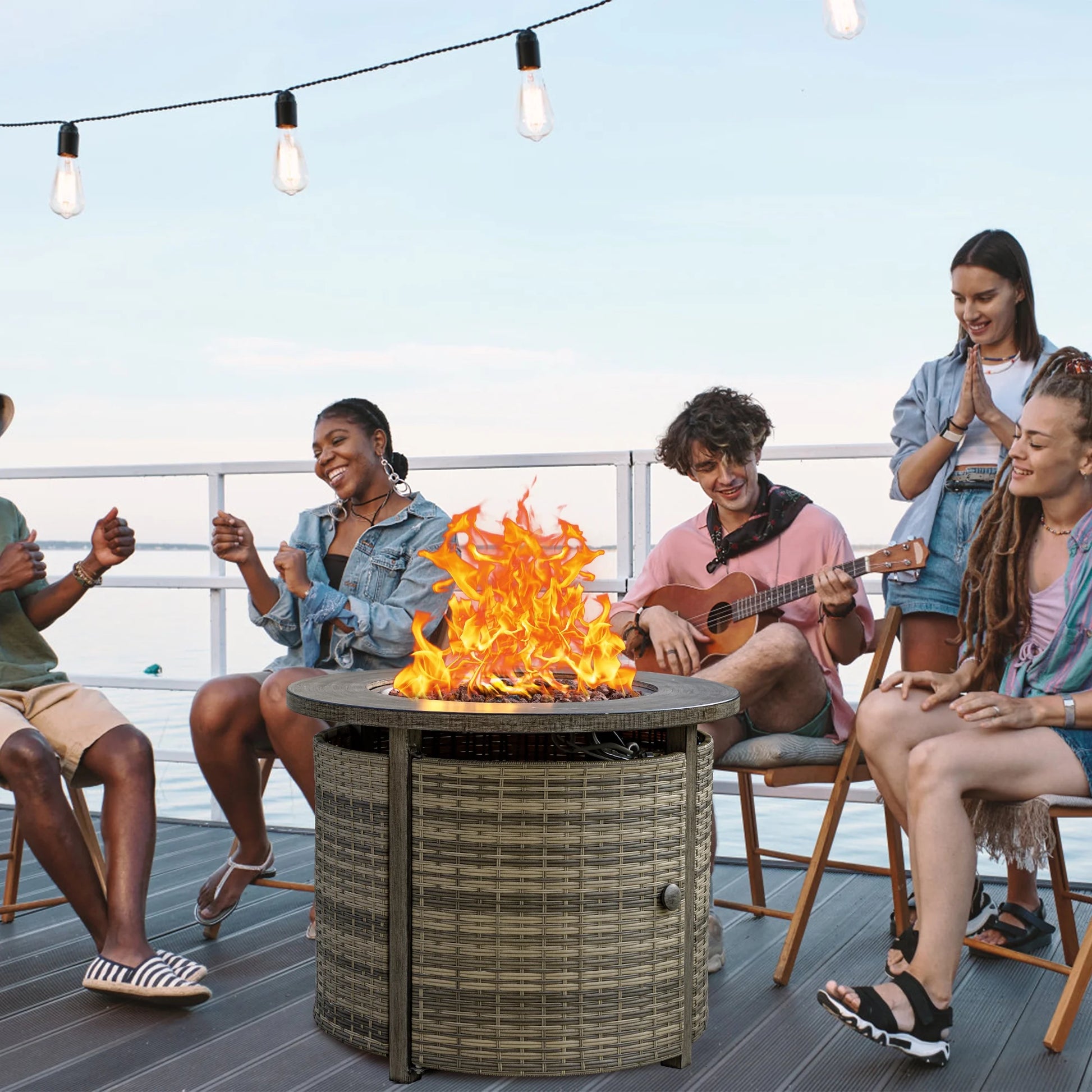 MistMo 32 Inch Round Propane Fire Pit Table with Lid, 50,000 BTU Outdoor Wicker Gas Fire Pit with Lava Rocks, Perfect for Patio, Yard, Dining, and Party