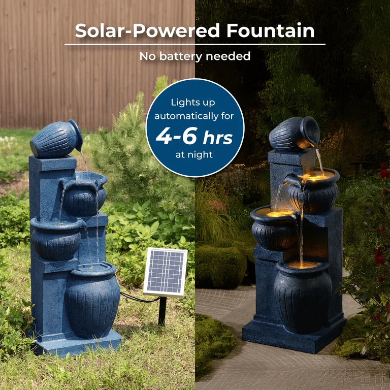Teamson Home Outdoor Water Fountain with LightsC 4-Tier Cascading Bowl Design with LED Light & Solar Pump, Solar-Powered Water Fountain Outdoor Garden, Yard, or Patio Dcor, Navy Blue