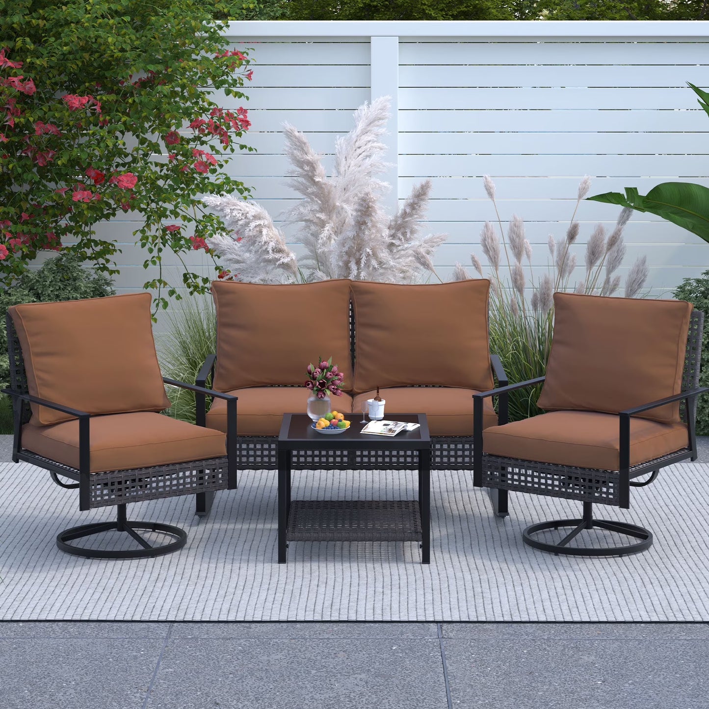 Ainfox Premium Patio Swivel Bistro Set,3-Piece Ourdoor Furniture Set,Wicker Rattan Coversation Rocking Chairs w/Glass Top Table & Cushions,Khaki
