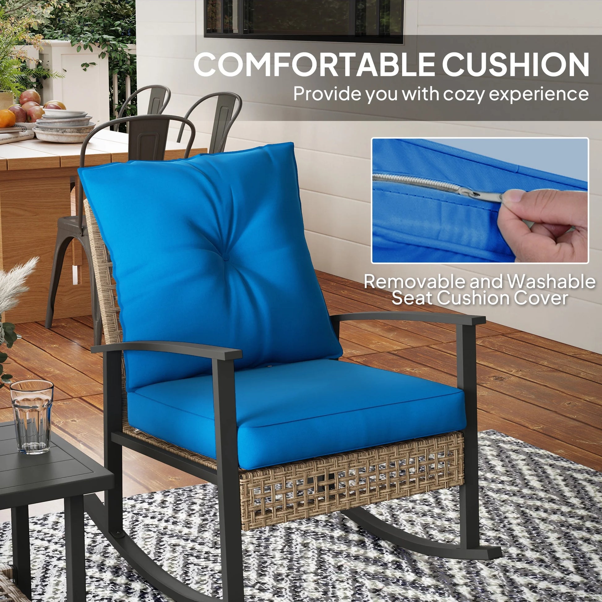 Outsunny 3 Pieces Patio Bistro Set, Wicker Furniture Set with Button Tufted Cushions, Rattan Rocking Chairs and Coffee Table, Dark Blue