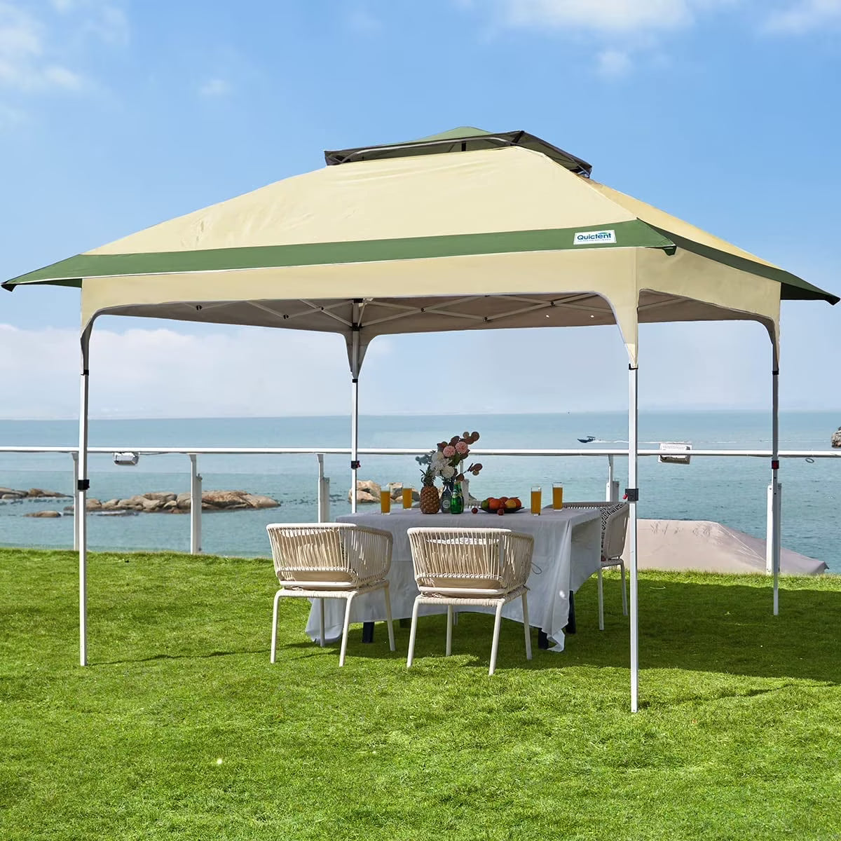 Quictent Pop up Canopy 12 x 12, One Person Set up Portable Instant Folding Shelter, Outdoor Canopy Tent with Extra Shade for Backyard, Patio, Party - Tan/Brown