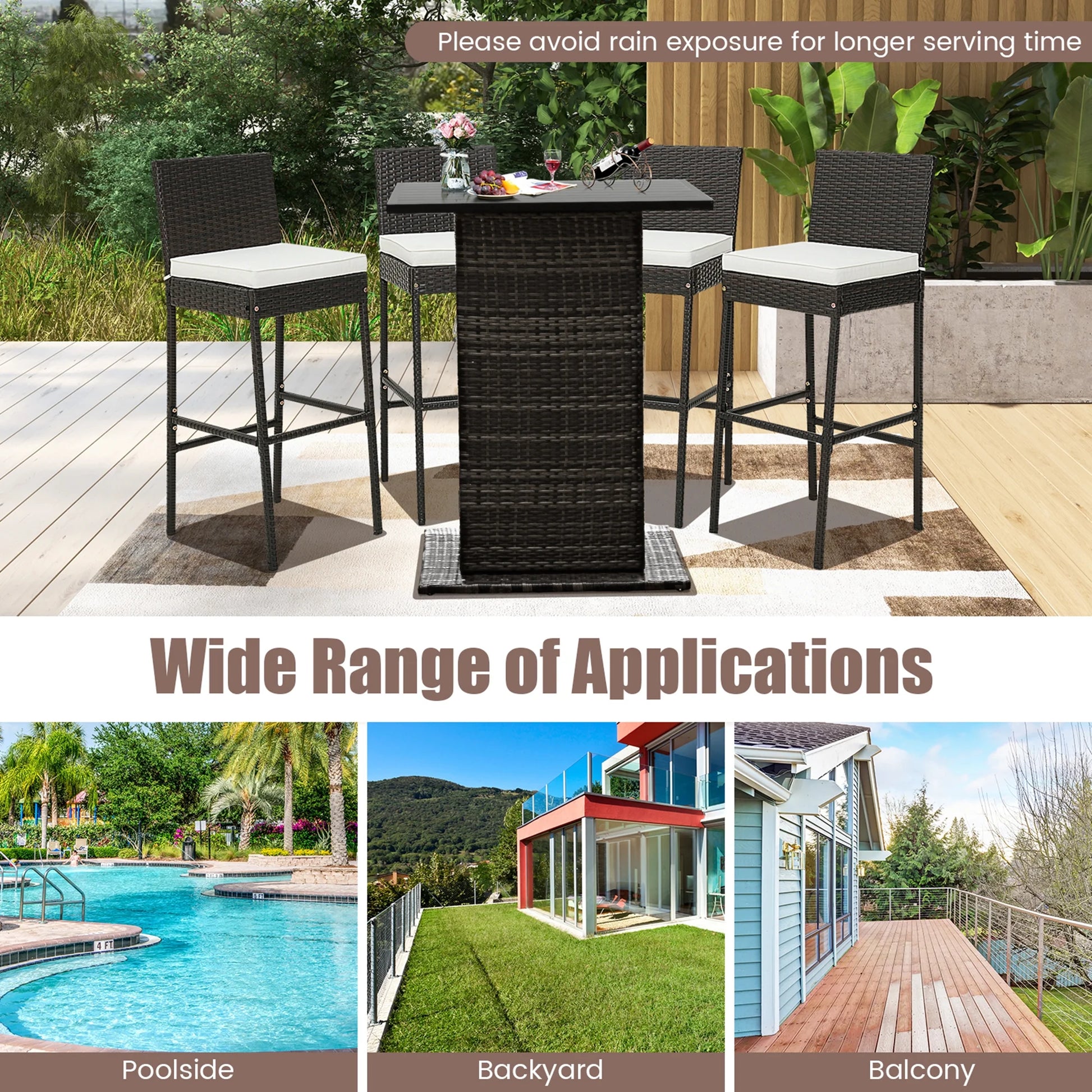 Costway 4 PCS Patio Wicker Barstools Bar Height Chairs with Cushions Backyard Off White