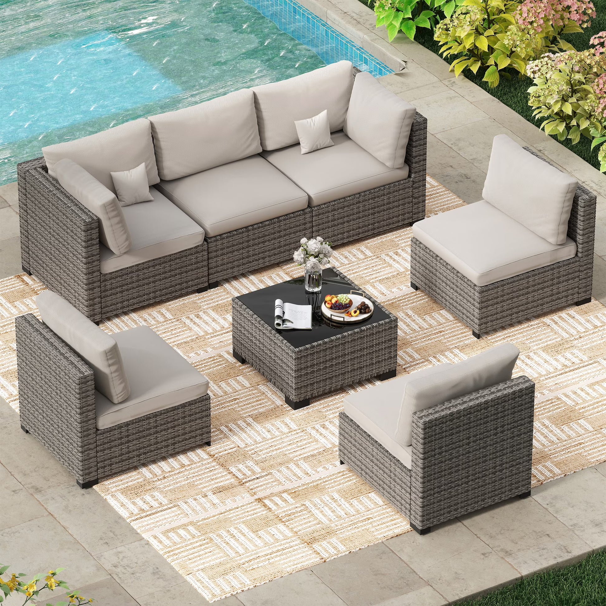 7 Piece Patio Furniture Set, Outdoor Furniture Patio Sectional Sofa, All Weather PE Rattan Outdoor Sectional with Cushion and Coffee Table.