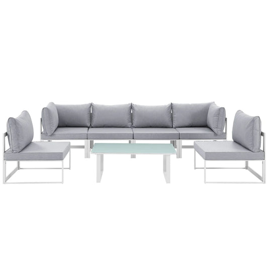 Modway Fortuna 7 Piece Outdoor Patio Sectional Sofa Set in White Gray