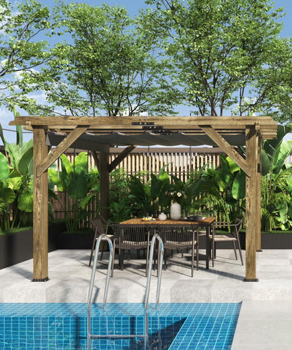 TROPOW 10'X 10' Cedar Wood Pergola with Solid Structure, Retractable Shade Canopy, Durable, Rot Resistant, Patio Pergola for Backyard, Deck, Garden, Outdoor Entertaining