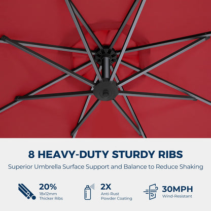 10ft Patio Umbrellas OffsetOutdoor Umbrella Cantilever Hanging Umbrellas with Infinite Tilt,Fade Resistant Waterproof Fabric & Base,for Yard,Garden,Home,Pool & Deck,Red