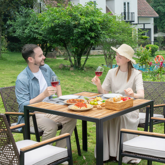 Enyopro 5 Piece Outdoor Patio Dining Table Set, Rattan Wicker Chairs & Acacia Wood Table with Umbrella Hole, All Weather Garden Furniture Conversation Set for Porch, Balcony, Backyard, Lawn