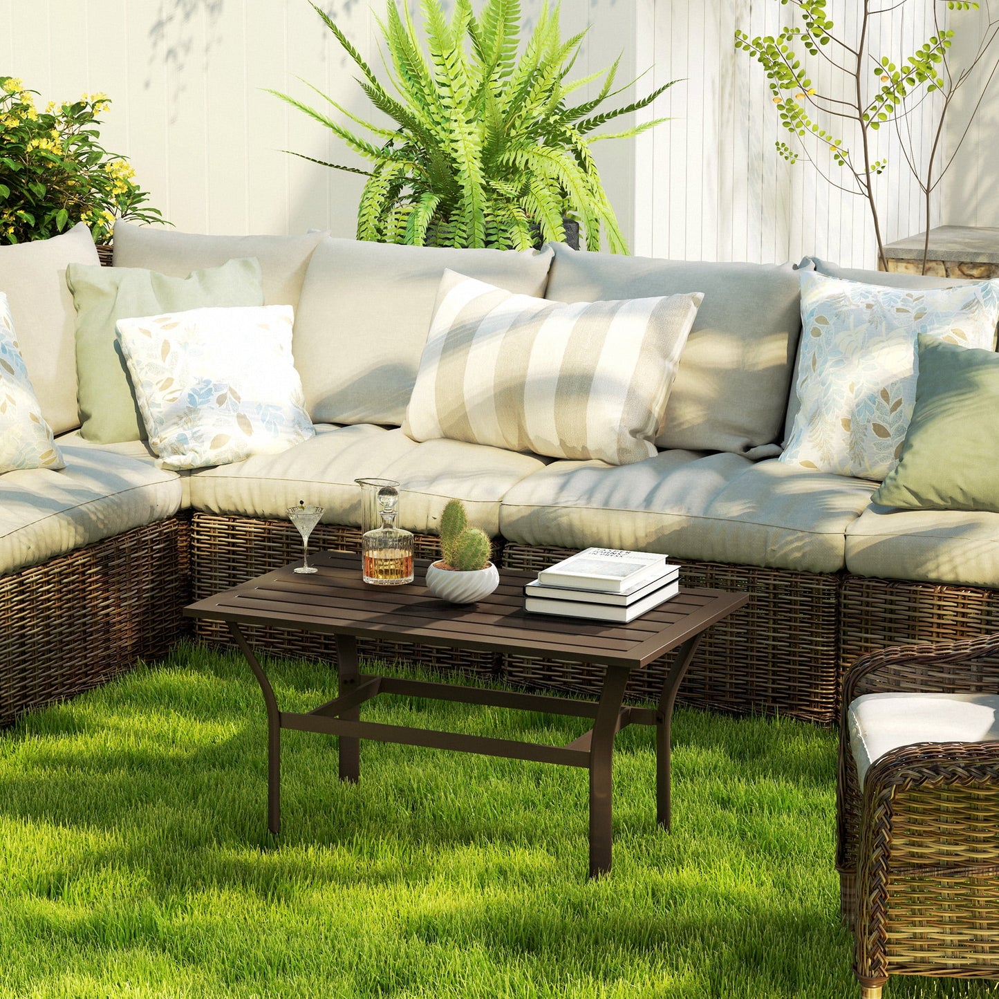 Outsunny Outdoor Coffee Table, All-Weather Rectangle Patio Coffee Table with Slatted Tabletop for Outside, Patio, Brown