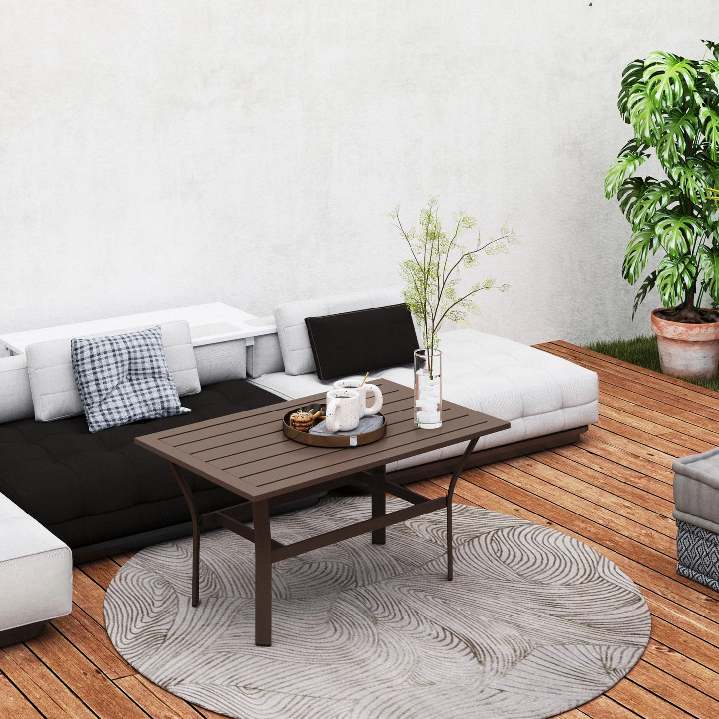 Outsunny Outdoor Coffee Table, All-Weather Rectangle Patio Coffee Table with Slatted Tabletop for Outside, Patio, Brown