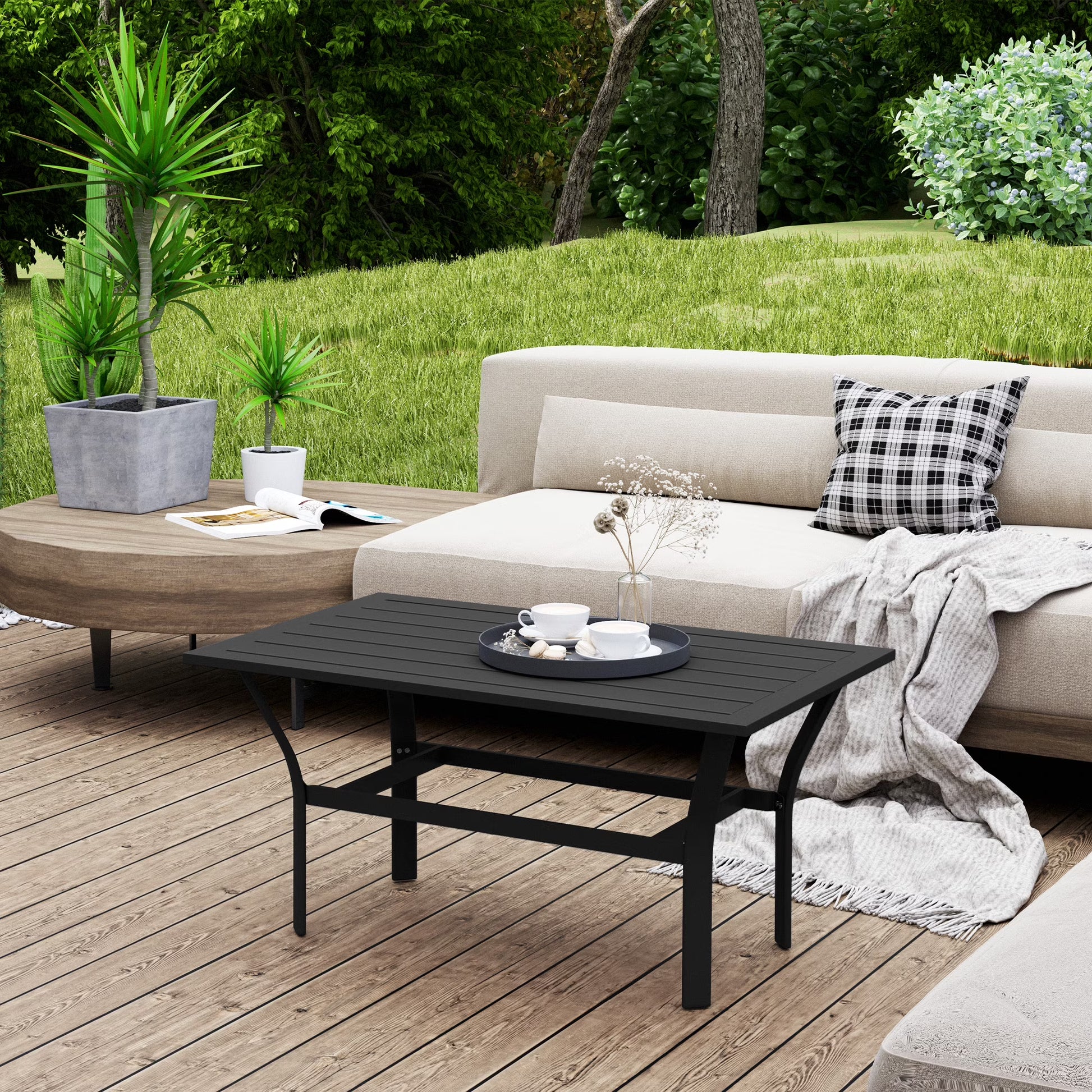 Outsunny Outdoor Coffee Table, All-Weather Rectangle Patio Coffee Table with Slatted Tabletop for Outside, Patio, Brown