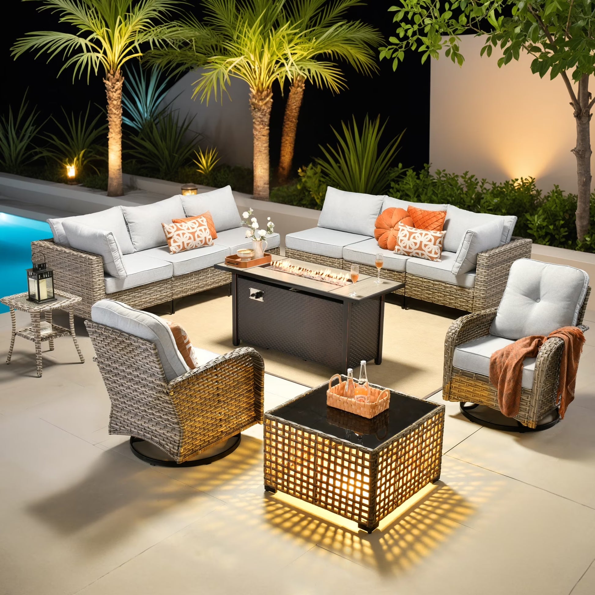 Ovios 11 Pieces Patio Outdoor Furniture Conversation Set with 54" Fire Pit Wicker Outdoor Sectional with Swivel Chair & Solar-Powered Table