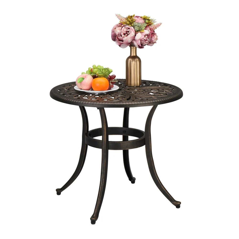 IVV 23.6" Cast Aluminum Round Side Table, All-Weather Accent Patio Coffee Table with 2" Umbrella Hole for Outdoor Bistro Porch Garden Lawn (Bronze)