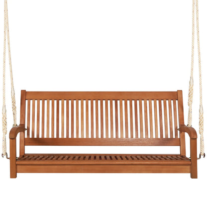 Gymax 2-Seat Patio Hanging Wooden Porch Swing Bench w/Cushion & Hanging Ropes