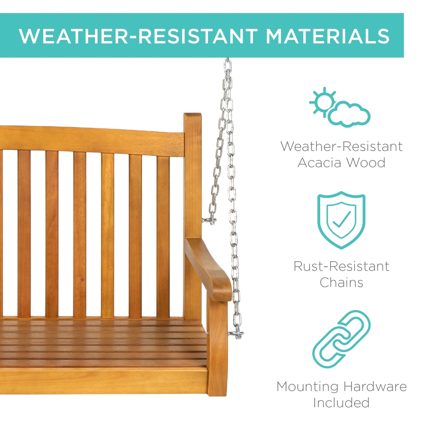 Best Choice Products 48in Wood Porch Swing Outdoor Patio Hanging Bench Chair w/Mounting Chains, 500lb Capacity - White