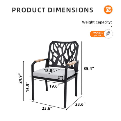 Outdoor Patio K/D Aluminum Stationary Dining Chairs 2PCS with Outdoor-grade Sunbrella Fabric Cushions, Branch-Like Backrest ,FSC-Certified Wood Armrests, Bourbon Brown