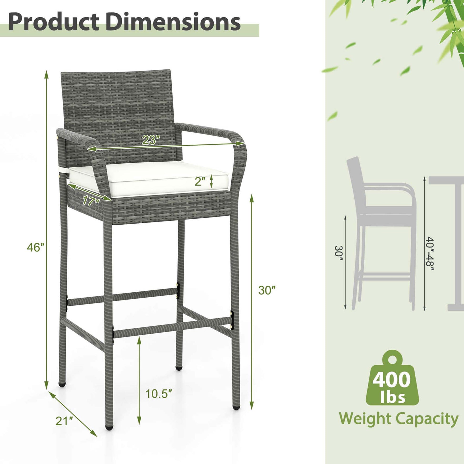 Costway Patio Wicker Barstools Set of 2 with Armrests & Soft Cushions Stable Metal Frame