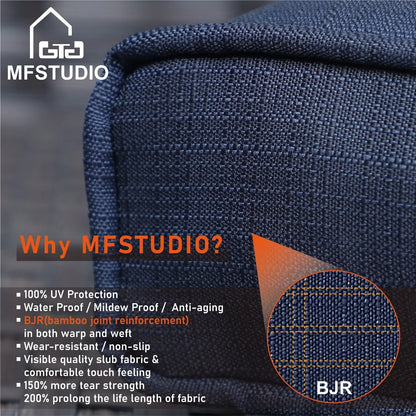 MF Studio 8 PCS Outdoor Patio Furniture Set with Fire Pit Table Wicker Patio Conversation Set, Navy Blue