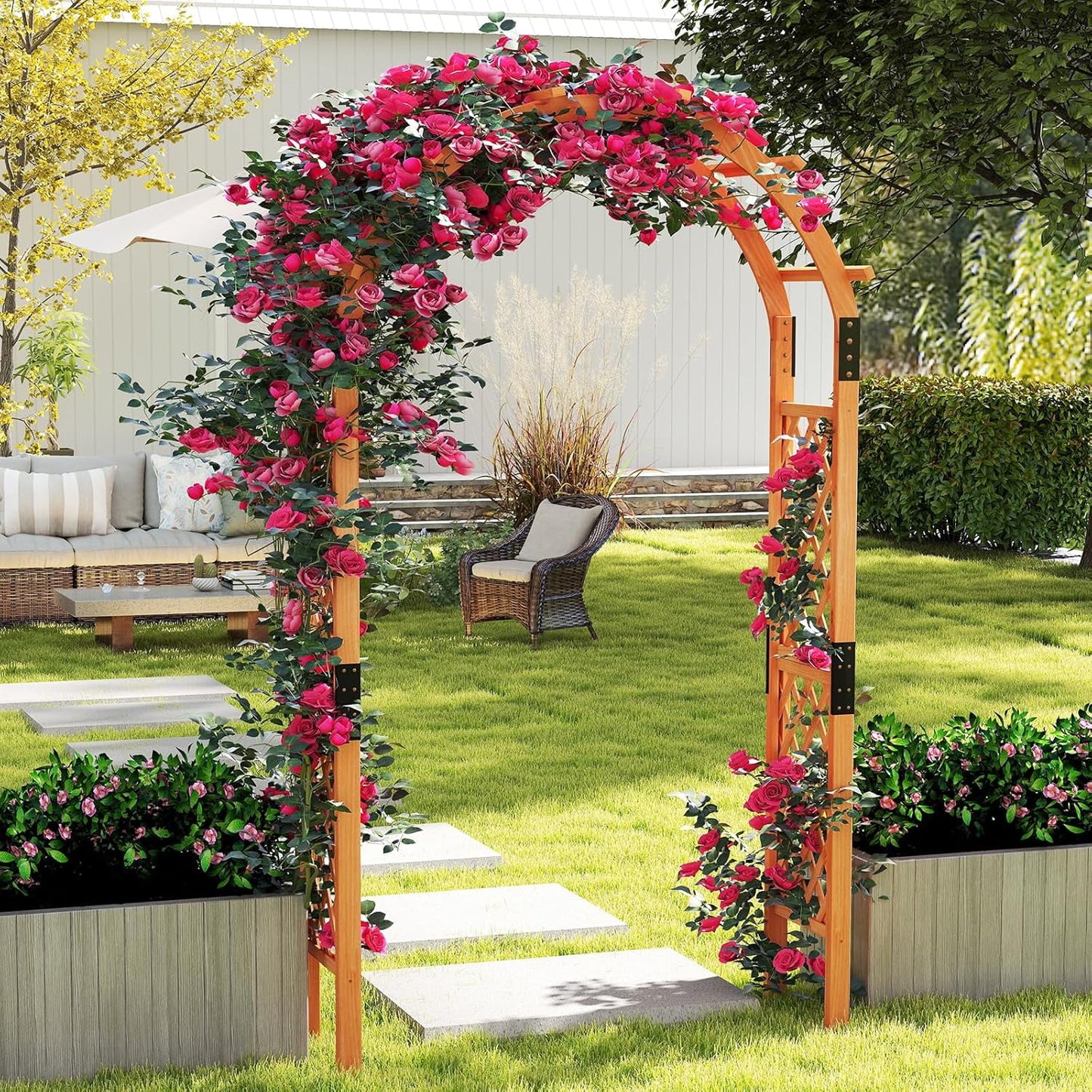 Moccha 7.7 FT Garden Arbor, 93" Wood Arbor Trellis for Climbing , Rose, Ivy, Outdoor Archway Pergola, Solid Wood Backdrop Stand, Garden Arch for Lawn Patio Bridal Party Pathway Ceremony Wedding