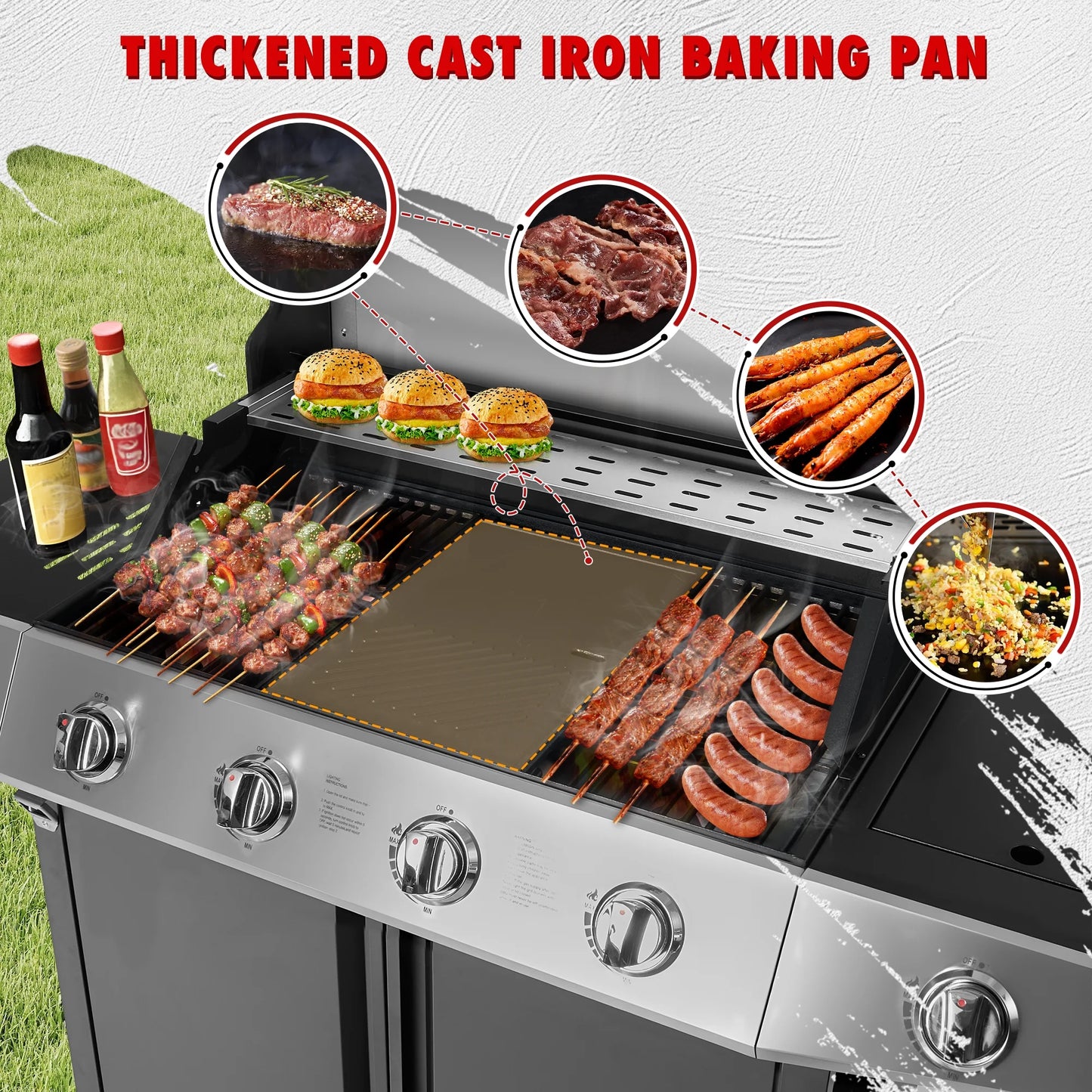 Enyopro 4 Burner Propane Gas Grill w/Side Burner, 50,000BTU Stainless Steel BBQ Grill with Brush, Built-in Thermometer, 4 Universal Wheels for Outdoor Cooking Patio Backyard