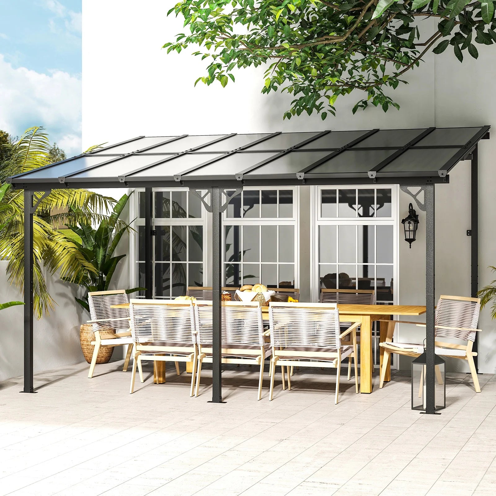 JolyDale 10?x 14? Hardtop Gazebo, Outdoor Wall-mounted Pergola for Garden, Patio, Backyard, Gray
