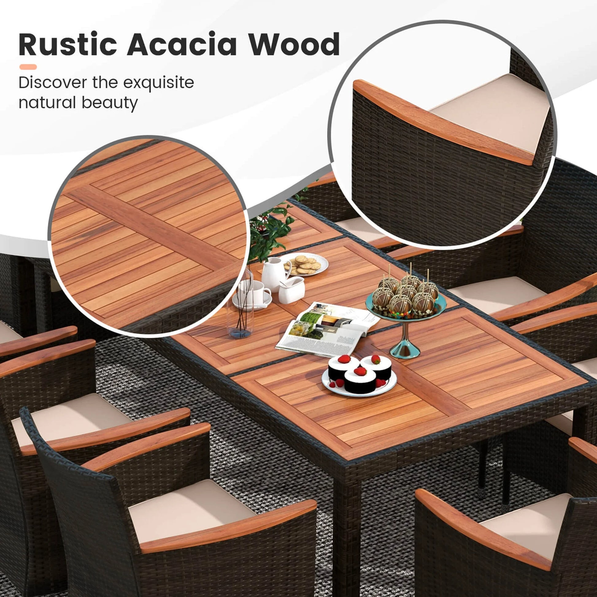 Costway 11 PCS Patio Wicker Dining Set with Double-Sided Outdoor Umbrella 8 Chairs Orange