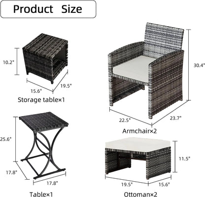 6 Piece Patio Furniture Conversation Set with Ottoman, Outdoor Black& Grey Wicker Chair and Table Set with Beige Cushion, Balcony Furniture for Apartments. (Black)