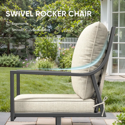 OPOHORO Swivel Rocker Patio Chairs Set of 4, Outdoor PE Wicker Dining Chairs with Beige Olefin Cushions and Gray Metal Frame, 360° Swivel & Rocking Motion for Garden Deck Porch