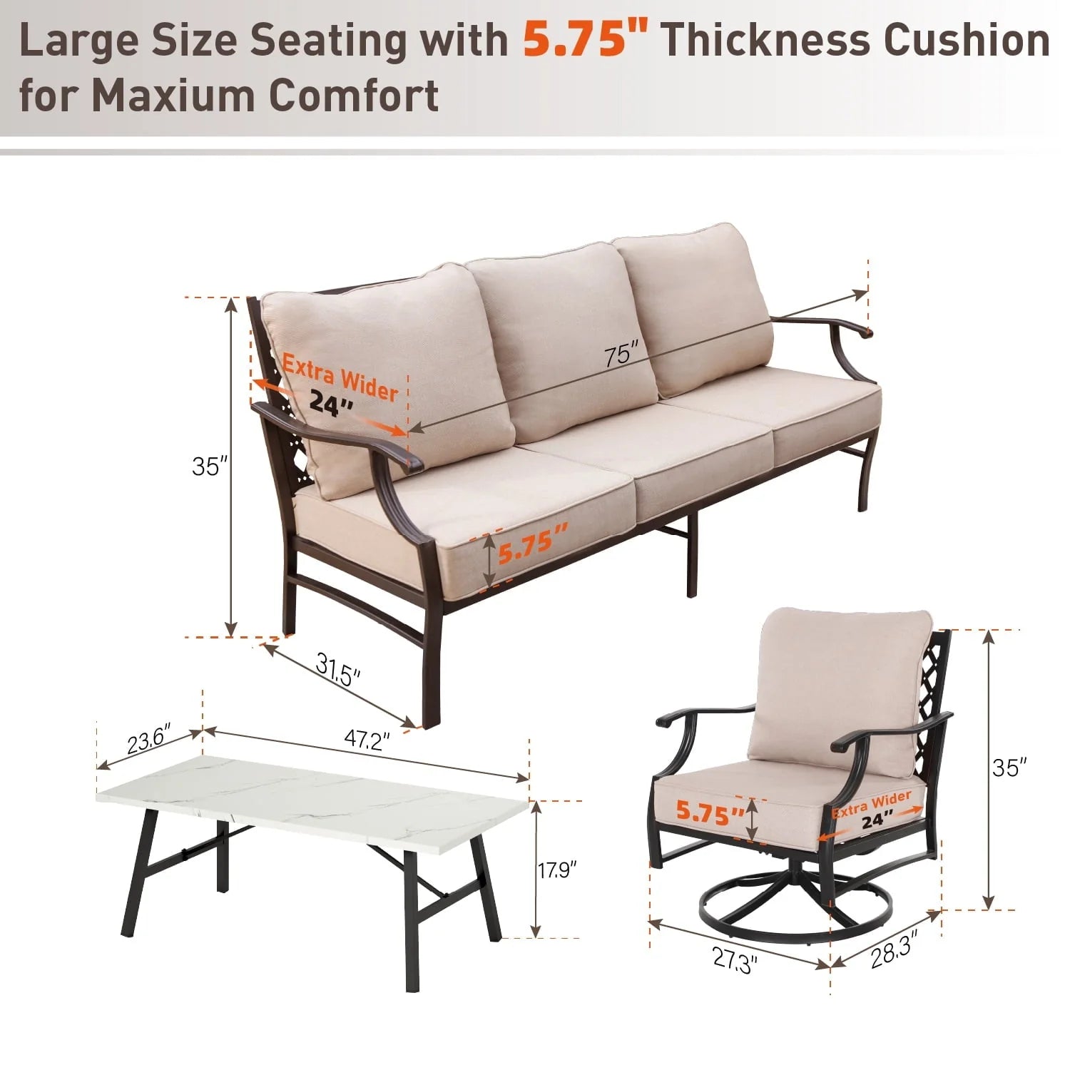 MF Studio 5-Seat Patio Conversation Set Metal Outdoor Furniture Sofa Set for 5 Person Beige