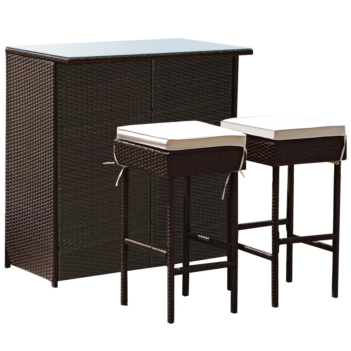 Costway 3PCS Patio Rattan Wicker Bar Table Stools Dining Set Cushioned Chairs Garden