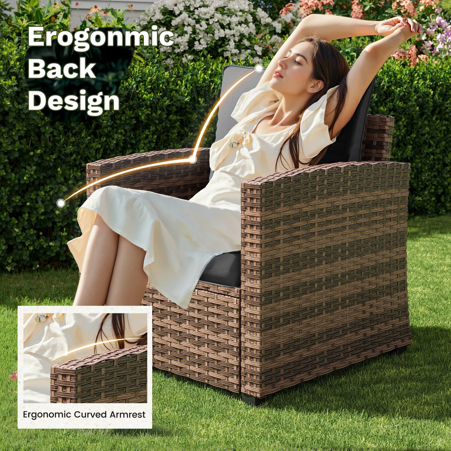 POTEBAN Patio Furniture Set, 7 Pieces Outdoor Sectional Sofa Couch with Chairs, Ottomans and Comfy Cushions, All Weather Wicker Rattan Patio Conversation Set for Garden Backyard Dark Grey