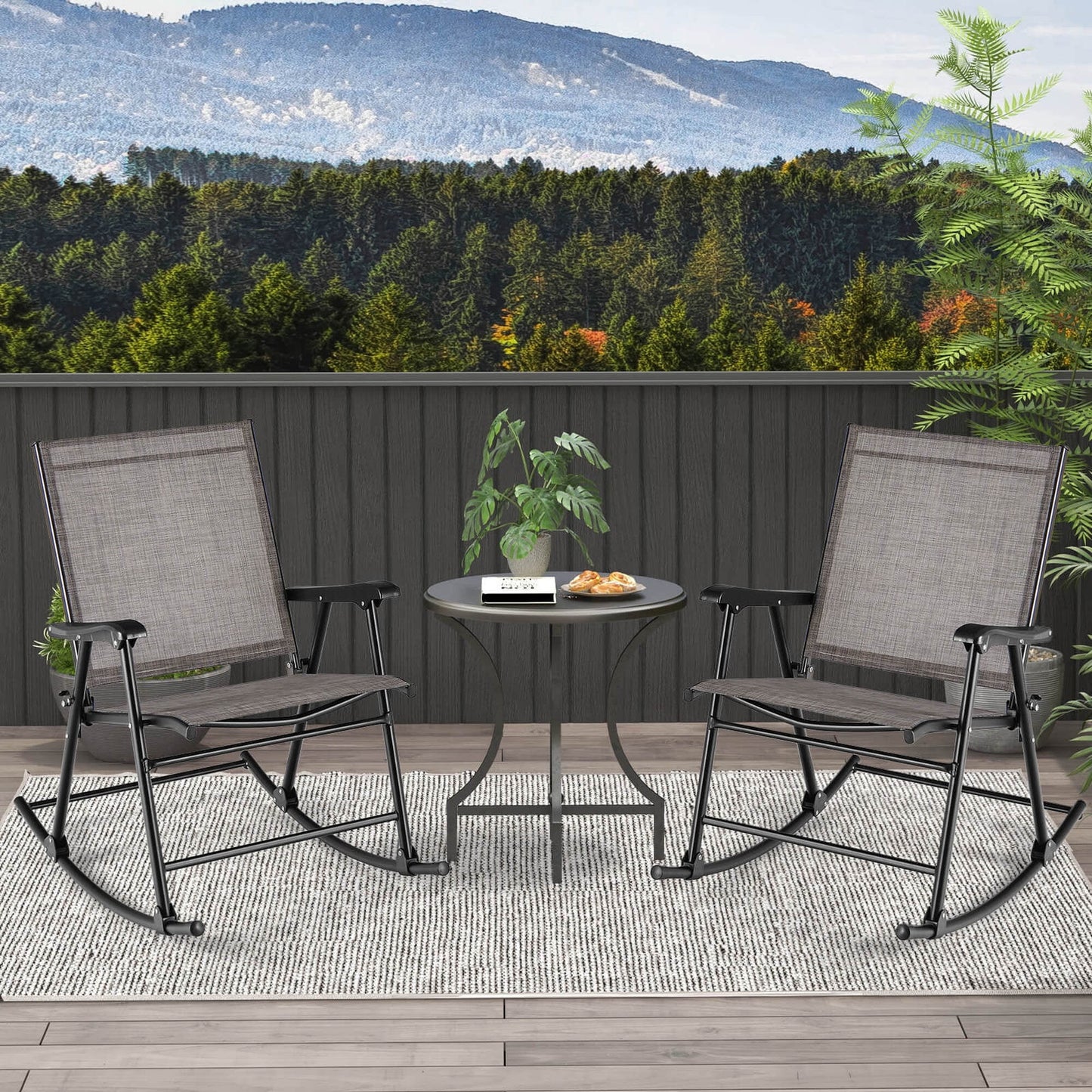 Costway 2pcs Patio Folding Rocking Chair Heavy-Duty Metal Frame Rockers Outdoor Brown