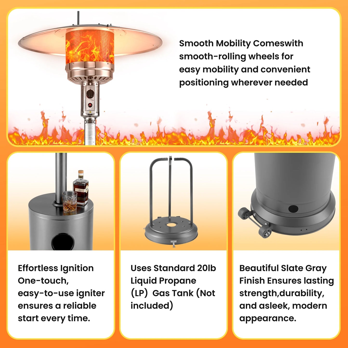Propane Patio Heater w/12' Heating Radius, 48000 BTU Heavy Duty Heater w/Overheating Protection System, Stainless Steel Flame Heater w/Wheels, Sliver& Gray