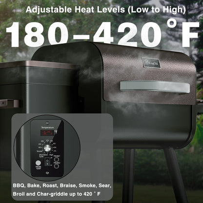 KingChii Pellet Grill Smoker with Side Shelf, 456 SQ.IN Grill with PID Temperature Control for Outdoor Cooking, BBQ Camping and Patio, Brown