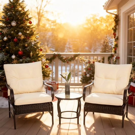 3 Piece Patio Furniture Set, Outdoor Wicker Chairs Set of 2, Bistro Set with Thickened Cushions for Porch Backyard Poolside, White