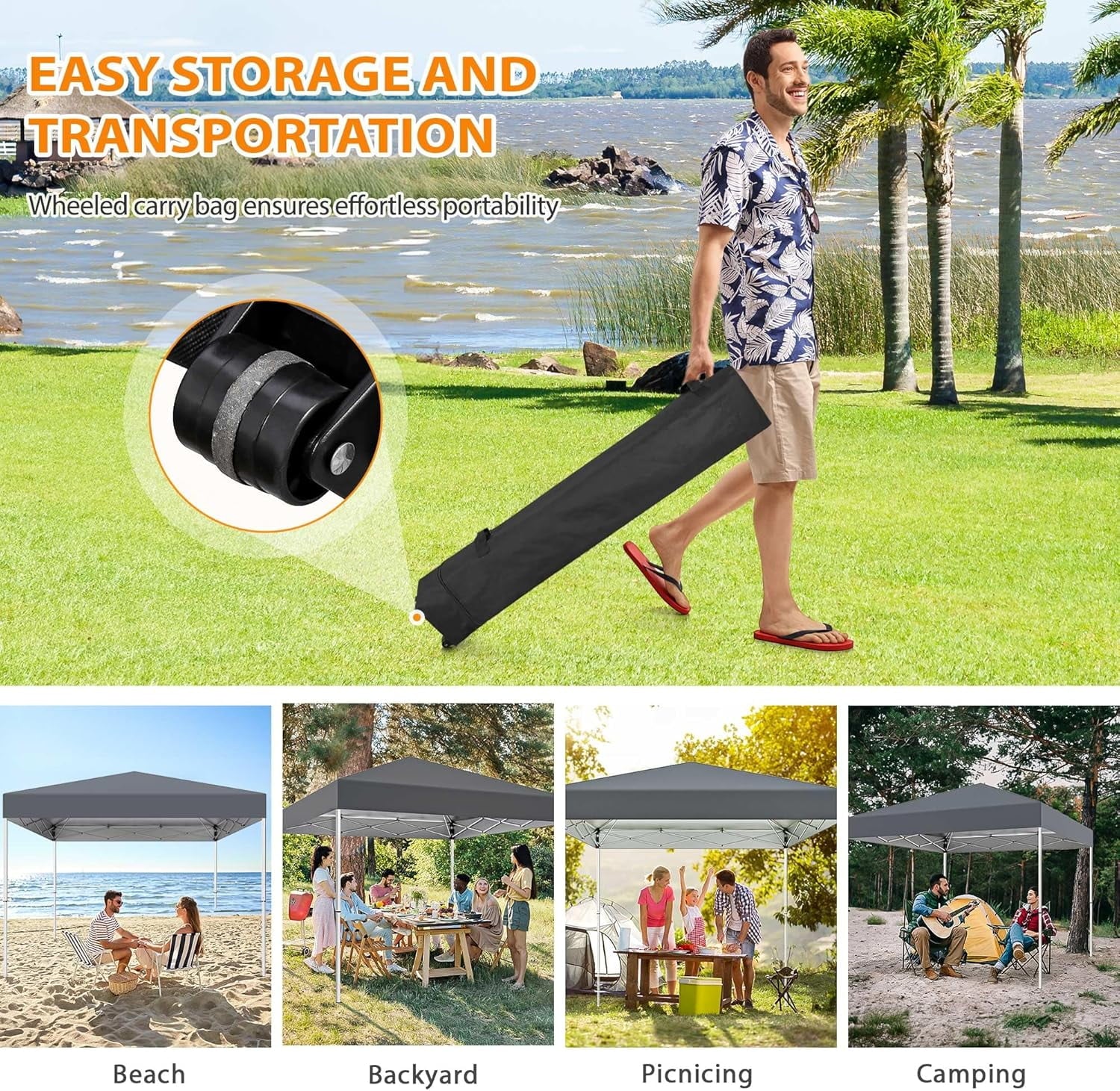 10 X 10ft Pop Up Canopy Tent Easy Set up Outdoor Instant Straight Legs Portable Gazebo Shelter with Wheeled Bag for Camp Beach Patio and Garden (Grey)