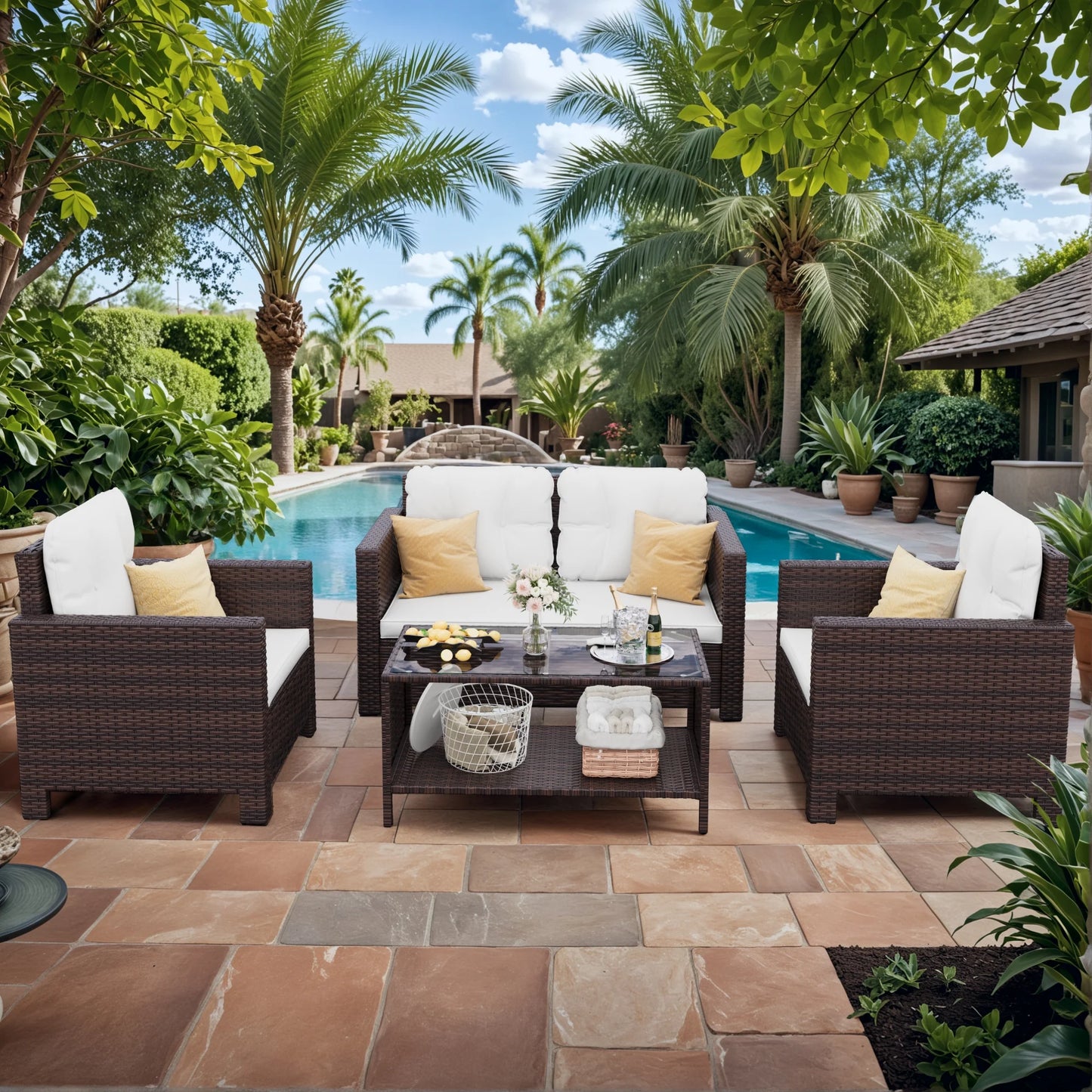 Lacoo 4 Pieces Patio Furniture Sets Rattan Chair Wicker Conversation Sofa Set Outdoor Tble and Chairs for Backyard Porch Garden Poolside Balcony, White