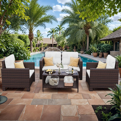 Lacoo 4 Pieces Patio Furniture Sets Rattan Chair Wicker Conversation Sofa Set Outdoor Tble and Chairs for Backyard Porch Garden Poolside Balcony, White