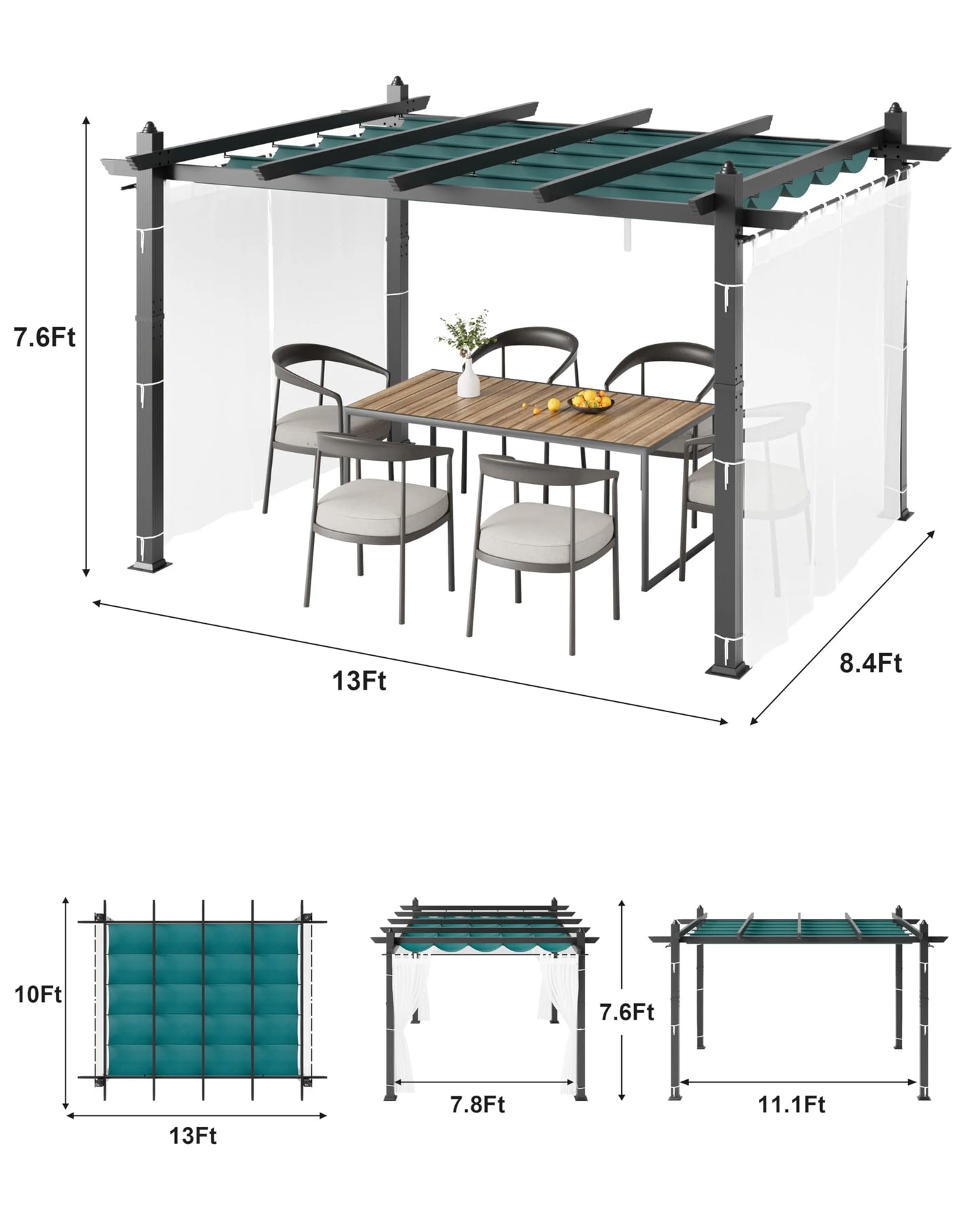 Luku 10 x 13 Ft Wood-Grain Aluminum Pergola Outdoor Pergola with Retractable Canopy Sun Shade Shelter for Garden, Patio, Backyard, Deck