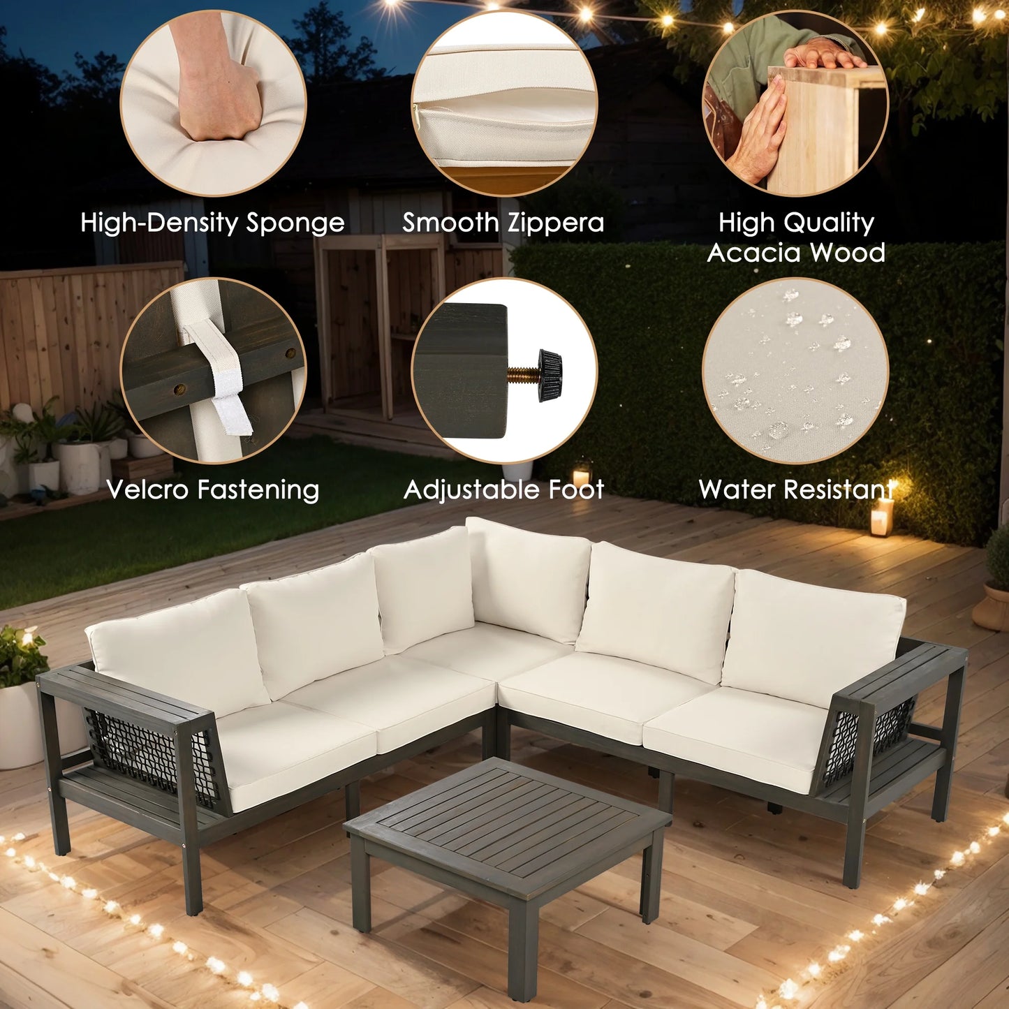 Harper & Bright Designs Patio L-Shaped Conversation Sectional Sofa Set with Coffee Table, Outdoor Acacia Wood Seating Group with Side Table for Backyard Garden, Beige, Grayish Brown