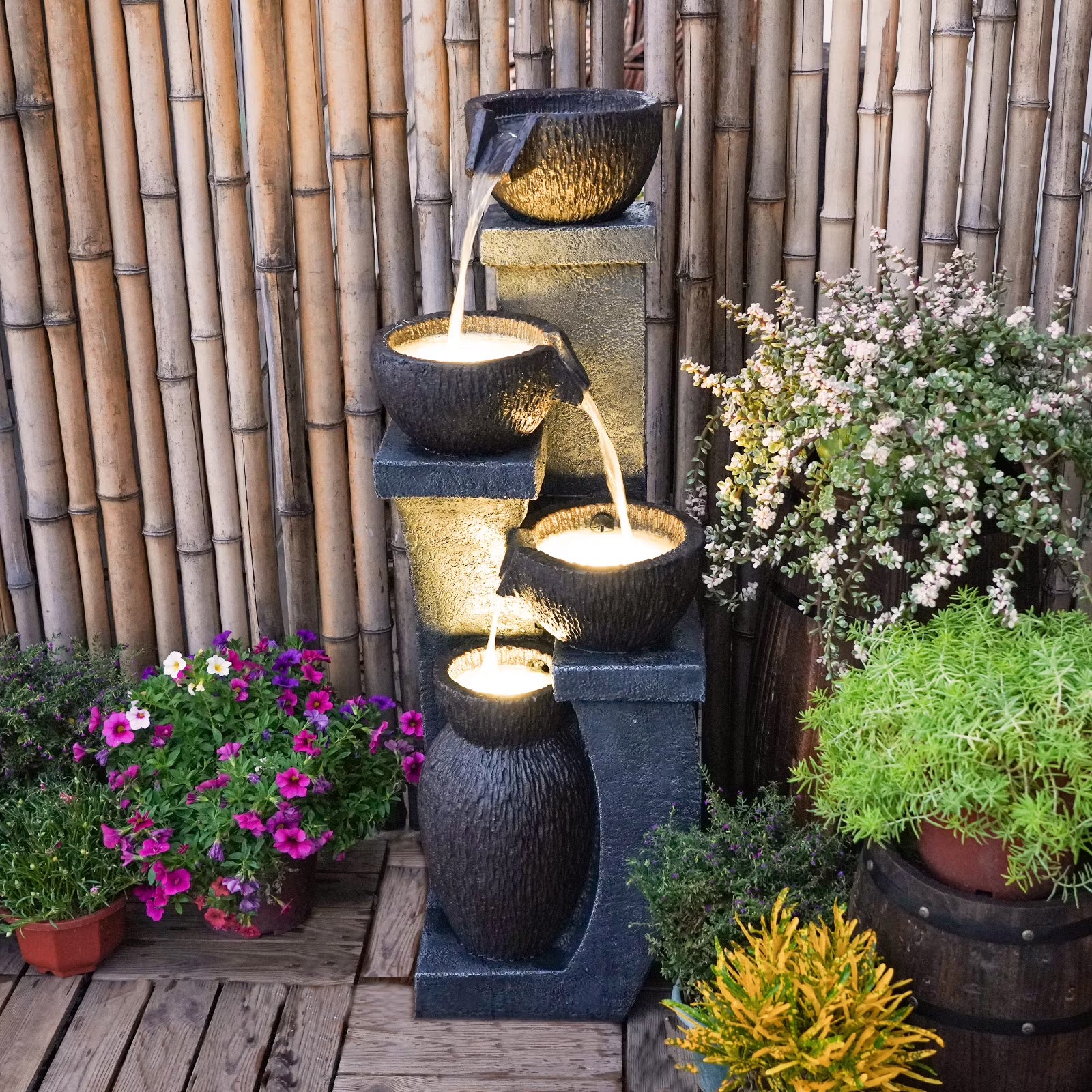 37.4 in. H Outdoor Water Fountain with 4 Crocks, Modern LED Lighted Garden Floor Fountain for Patios and Yards - Durable Resin Water Feature with Cascading Waterfall Design for Indoor/Outdoor Dcor