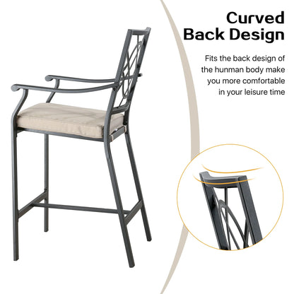 Ulax Furniture Outdoor Bar Stools Metal Patio Counter Height Bar Stool Chairs with Beige Cushion, Set of 2