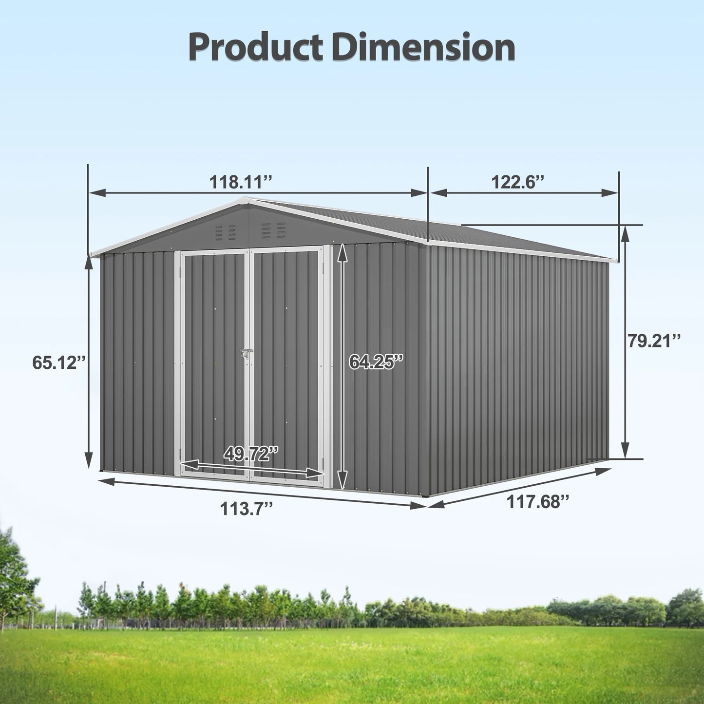 LZBEITEM 10 x 10 ft Outdoor Storage Shed with Floor Frame Kit, Galvanized Steel Garden Sheds, Garden Tool Shed with Double Lockable Doors for Backyard Patio Lawn, Grey