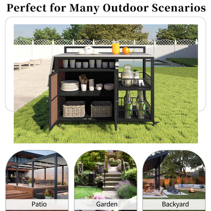Euroco Outdoor Rolling Bar Cart with Foldable Stainless Steel Tabletop, Storage Cabinet, Bottle Opener & Lockable Wheels, PE Rattan Patio Kitchen Serving Station for BBQ & Entertaining